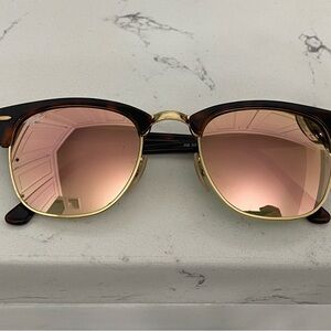 Ray-Ban Clubmaster RB3016 990/70 Pink Mirror Sunglasses 49-21 Gold Tortoise